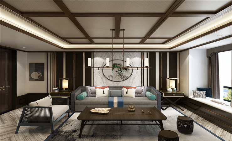  客廳的裝修十分富麗，集成吊頂設(shè)計有單獨(dú)的功能組件。